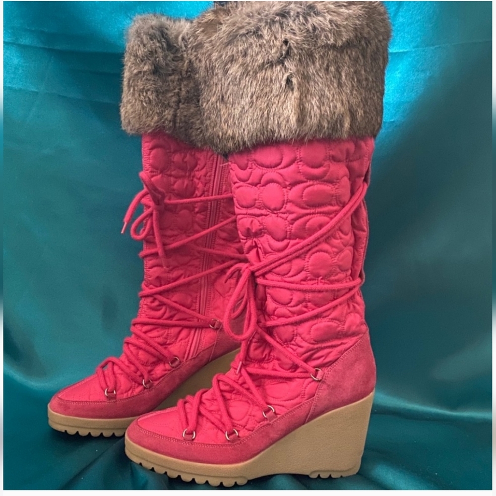 Coach Sofia Fuchsia Quilted Rabbit Fur Pink Boots